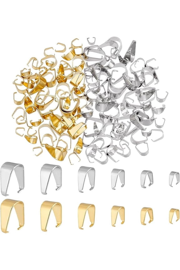 148pcs 6 Sizes Pinch Bails Snap on Bails Necklace Bails Pendant Connectors Stainless Steel Clip Links Charm Attachment Clasps