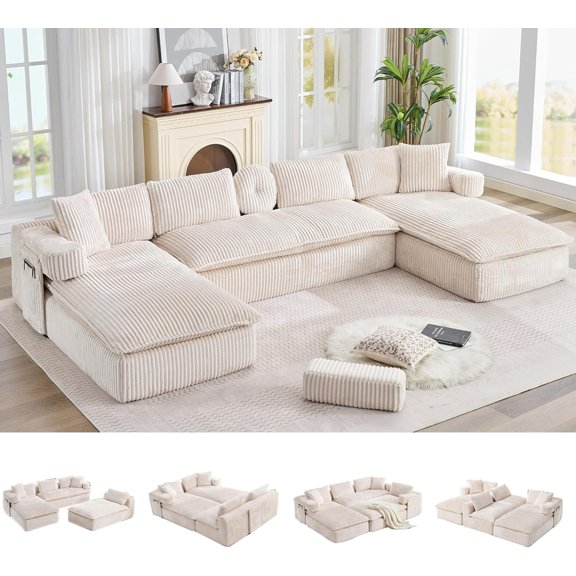 149'' Boneless Couch, Plush Corduroy Modular Sectional Sofa, Convertible U-Shaped Sleeper Sofas, Oversized Cloud 6-Seat Floor Daybed, Side Pocket, 3 Pillows for Living Room, Apartment, Beige