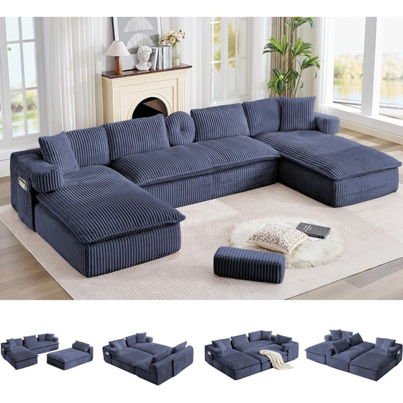 149'' Boneless Couch, Plush Corduroy Modular Sectional Sofa, Convertible U-Shaped Sleeper Sofas, Oversized Cloud 6-Seat Floor Daybed, Side Pocket, 3 Pillows for Living Room, Apartment, Blue