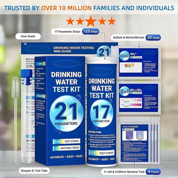 149-Piece 21-in-1 Water Test Kit, Test Strips for Drinking, Tap and Well Water, Nitrate, Lead, Fluoride, Chlorine, Hardness, pH, Iron, Coliform and Bacteria Testing