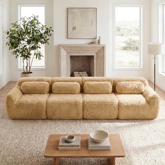 149'' Soft And Fluffy Plush Fabric,Boneless Sofa,32D High Density Sponge Ergonomic Design,Full-compression Vacuum Packaging,Free Combination Buckle Connection For Bedroom,Home Theater,Light Khaki