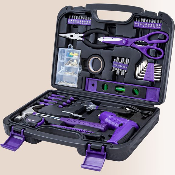 149-piece Tool Set with Purple Cordless Screwdriver Essential Household Tool Box Hand Tool Kit