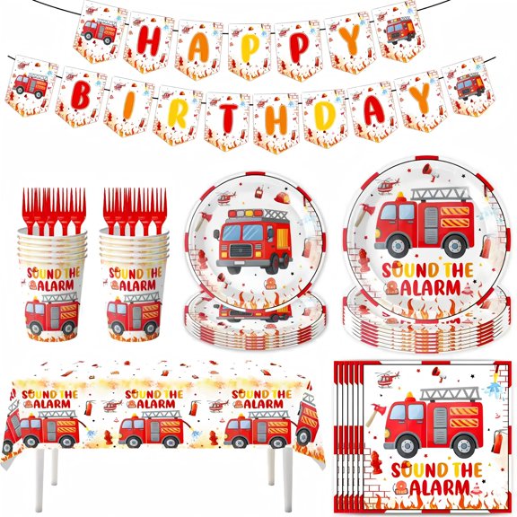 149Pcs Firetruck Birthday Decorations Include Fire Truck Plates and Napkins Set,Cups,Banner,Hanging,Tablecloth,Balloon,Cake Topper etc Firefighter Party Decorations supplies Serve 10