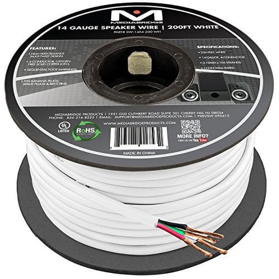 14AWG 4-Conductor Speaker Wire (200 Feet, White) by Mediabridge - 99.9% Oxygen Free Copper - UL Listed CL2 Rated for In-