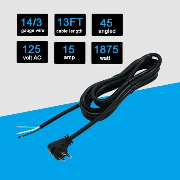 14AWG Replacement Power Cord Pigtail Slim 3 Prong Open Wiring End Heavy Duty Flat Plug Replace 45 Degree Right Angle Plug13FT SJT Power Supply Cable 3 Wire Stripped Old Cord Repair 15A, 1875W at 120V
