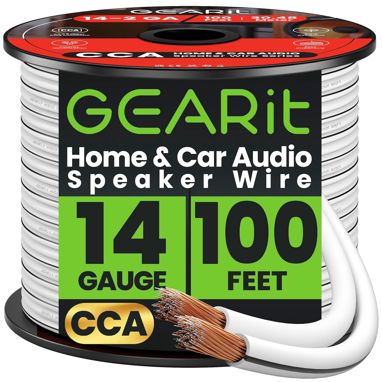 GearIT Pro Series 14 AWG Speaker Wire Copper Clad Aluminum, Great for Home Theater Speakers and Car Audio, White, 100 Feet / 30.48 Meters