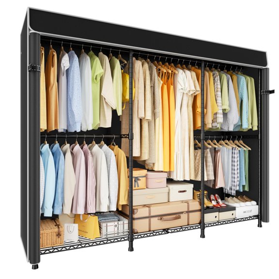 14C Pro Heavy Duty Closet Organizer System，Freestanding Clothing Racks for Hanging Clothes，Adjustable Garment Rack 69" W × 16" D × 77" H Hold 960 lbs，Black Rack with Black Dustproof Cover