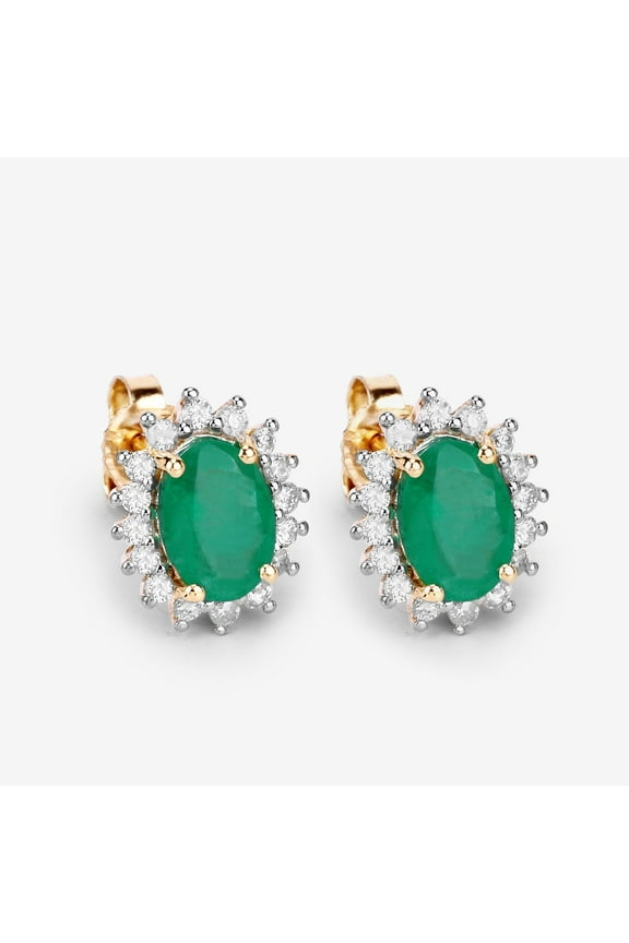 14Ct Emerald Earrings, Genuine Emerald Oval and Diamond 14k Yellow Gold Stud Plated Earrings for Women, Bridesmaid Gift, May Birthstone Gift