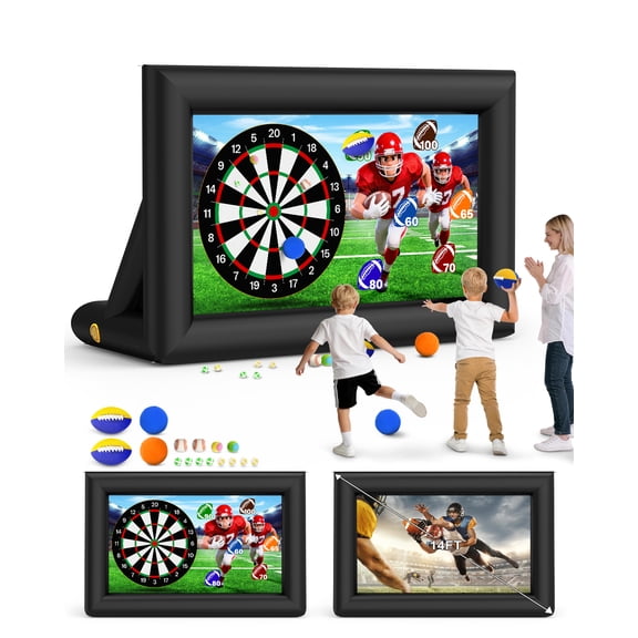 14FT 3-in-1 Inflatable Projector Screen for Outdoor Movies, Dart Board & Football Target 120W Blower, Front/Rear Display for Pool Party, Backyard Games & Movie Night
