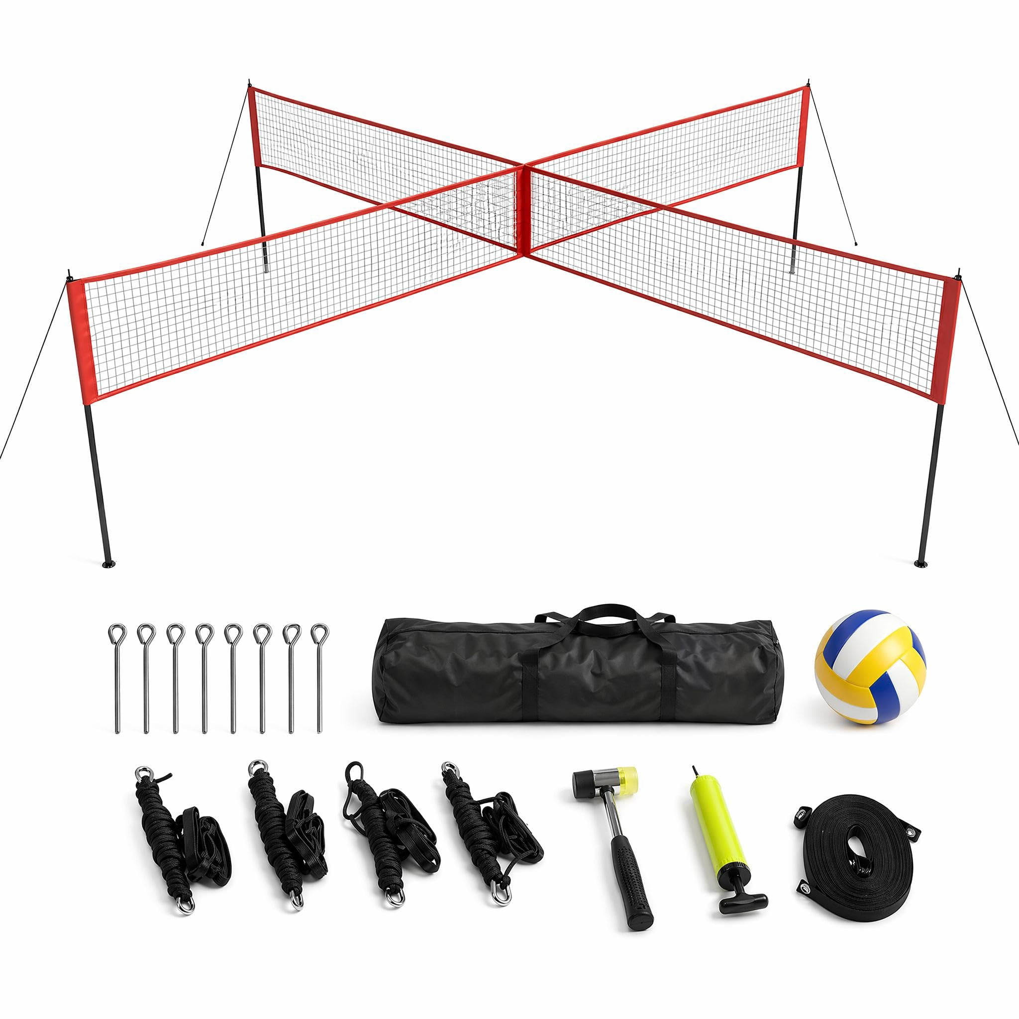14FT 4-Square Cross Volleyball Net System with 3 Adjustable Heights, PE Outdoor Multiplayer Game Set with Ball, Pump & Carry Bag, Black/Red