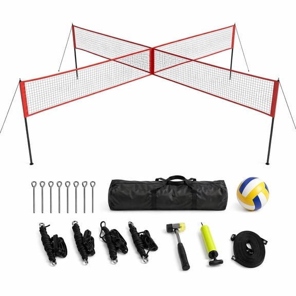 14FT 4-Square Cross Volleyball Net System with 3 Adjustable Heights, PE Outdoor Multiplayer Game Set with Ball, Pump & Carry Bag, Black/Red