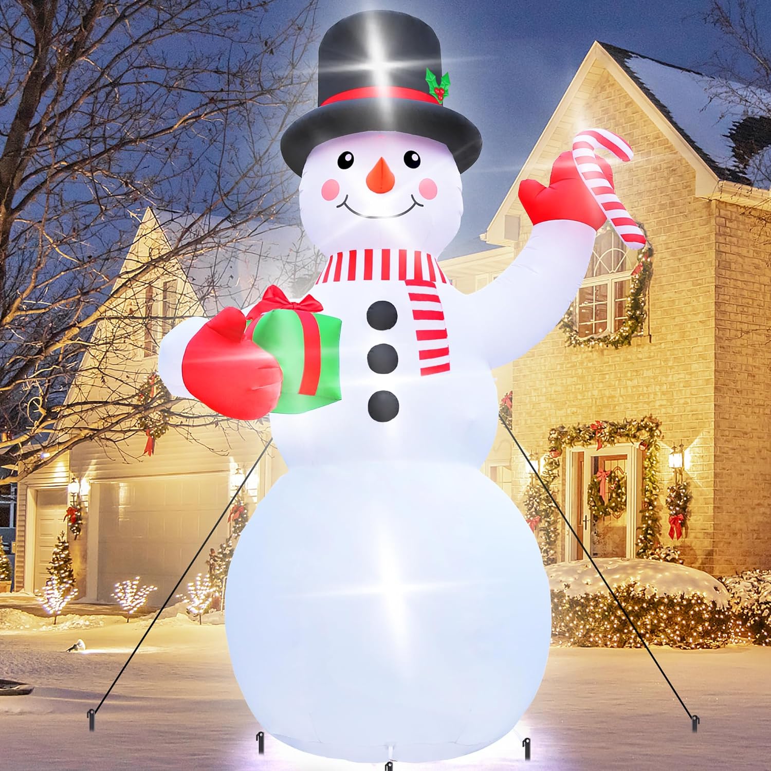 14FT Christmas Inflatable Snowman with Gift Box and Candy Cane, Lighted