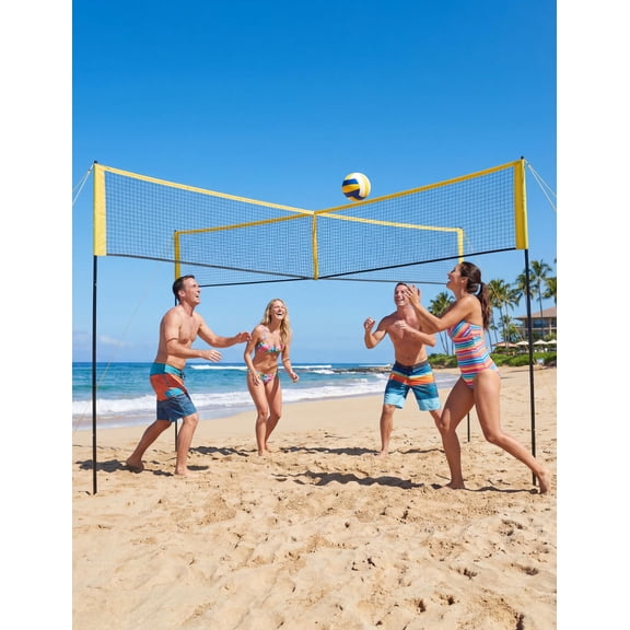 14FT Four Square Volleyball Game Kit, Adjustable 4-Way Height Volleyball Net System, Heavy Duty Frame with Complete Accessories for Backyard Beach Lawn Family Outdoor Sports