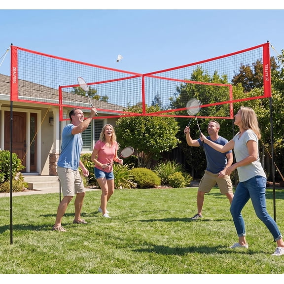 14FT Four Square Volleyball Game Kit, Adjustable 4-Way Height Volleyball Net System, Heavy Duty Frame with Complete Accessories for Backyard Beach Lawn Family Outdoor Sports