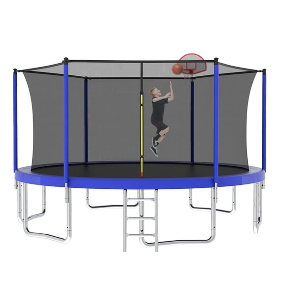 14FT Kids Trampoline with Safety Enclosure Net, Outdoor Large Recreational Trampoline for Children with Basketball Set & Ladder, Blue