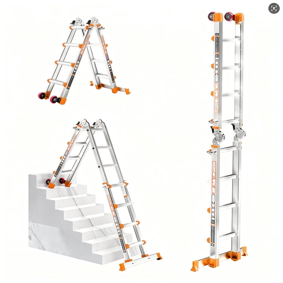 14FT Ladder with wheels and stabilizer bar, 330 lbs large load capacity, multi-purpose folding ladder for stairs, house and outdoor use