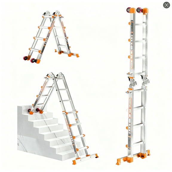14FT Ladder with wheels and stabilizer bar, 330 lbs large load capacity, multi-purpose folding ladder for stairs, house and outdoor use