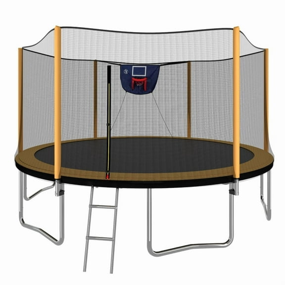 14FT Orange Powder-Coated Trampoline - ASTM Certified, Outer Safety Enclosure, Adjustable Basketball Hoop, Ladder & Inflator (UV-Resistant)