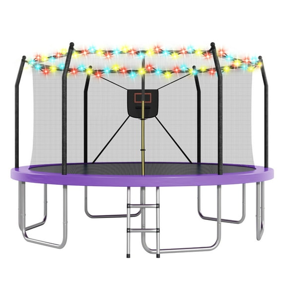 14FT Outdoor Recreational Trampoine for Kids and Adults, SHINPT Large Trampoline with Lights and Basketball Hoop, Heavy Duty Trampoline with 1500lbs Capacity, 14FT Big Trampoline for Backyard, Lawn