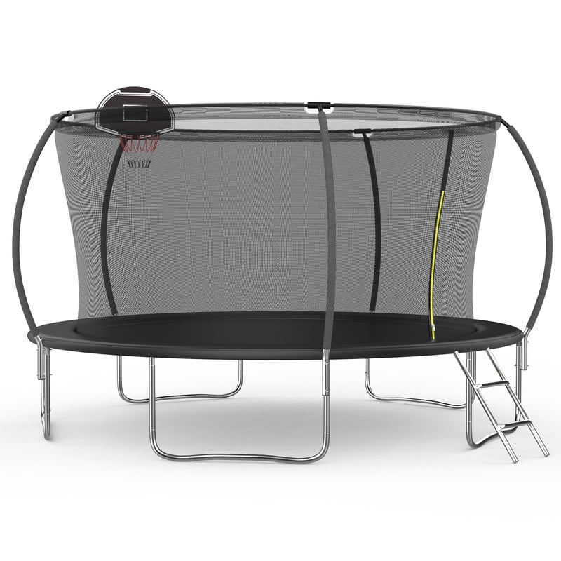 14FT Outdoor Trampoline with Basketball Hoop and Ladder for Kids and Adults，Heavy Duty Recreational Pumpkin Trampoline with Safety Enclosure,Anti-Rust Frame,Backyard Trampoline for Gift,Black