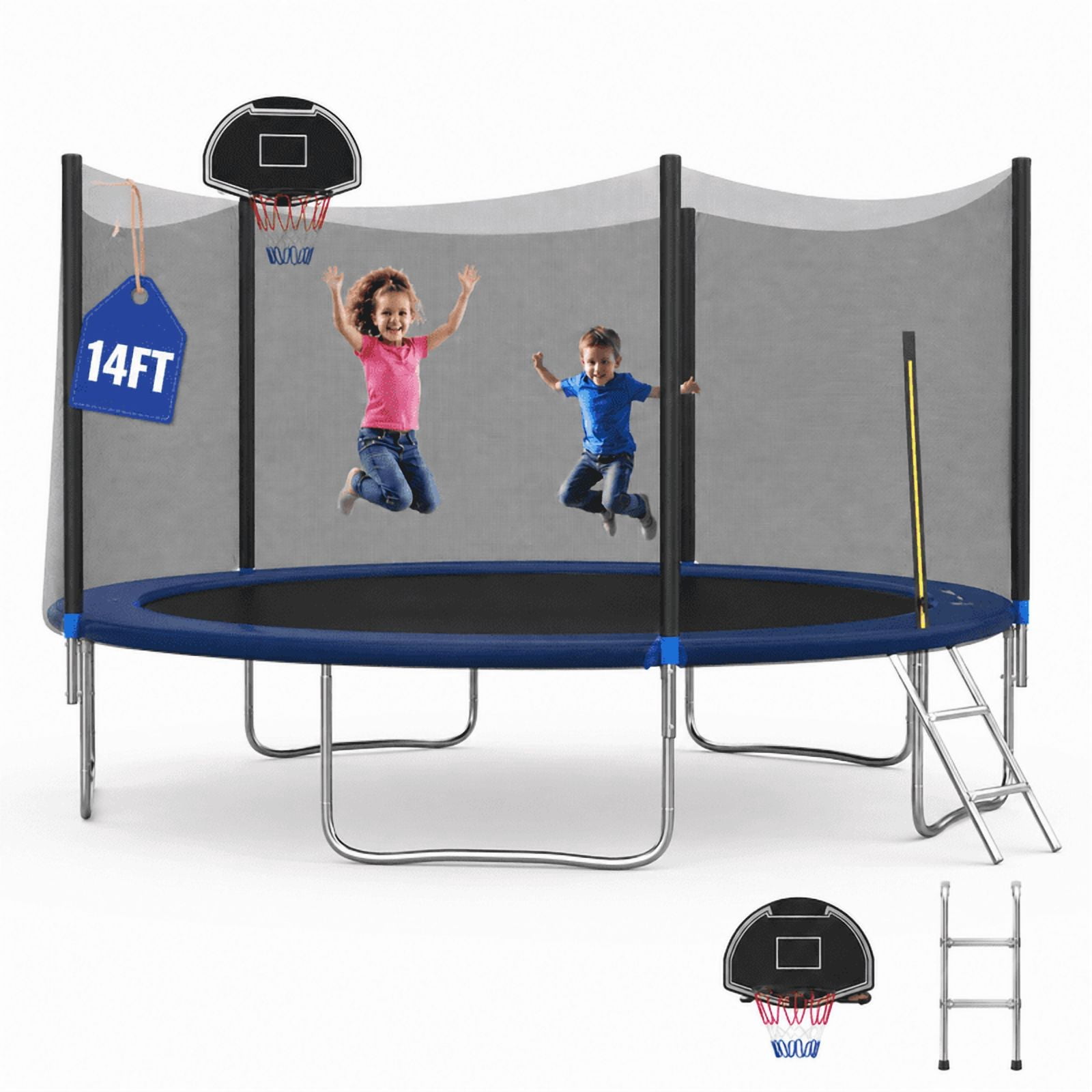14FT Outdoor Trampoline with Basketball Hoop and Ladder for Kids and Adults，Heavy Duty Recreational Trampoline with Safety Enclosure,Anti-Rust Frame,Backyard Trampoline for Gift,Black