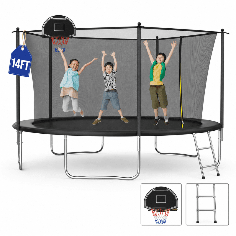 14FT Outdoor Trampoline with Basketball Hoop and Ladder for Kids and Adults，Heavy Duty Recreational Trampoline with Safety Enclosure,Anti-Rust Frame,Backyard Trampoline for Gift,Black