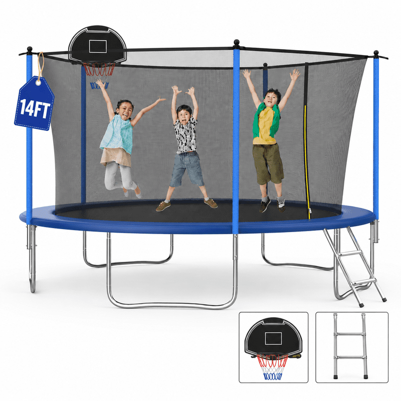 14FT Outdoor Trampoline with Basketball Hoop and Ladder for Kids and Adults，Heavy Duty Recreational Trampoline with Safety Enclosure,Anti-Rust Frame,Backyard Trampoline for Gift,Blue