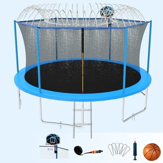 Fashionsport Outfitters 14ft Outdoor Trampoline for Kids and Adults - Trampoline with Basketball Hoop & Sprinkler - Anti Rust - Blue