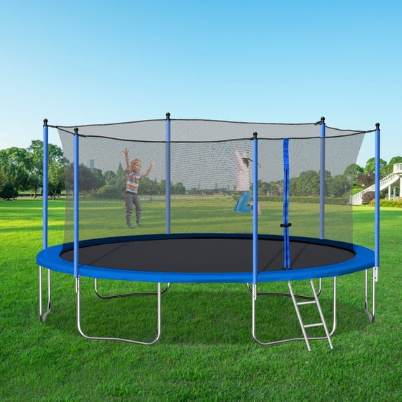 14FT Outdoor Trampoline with Safety Enclosure, Steel Tube Frame, Ladder & Secure Net - Heavy Duty, Blue