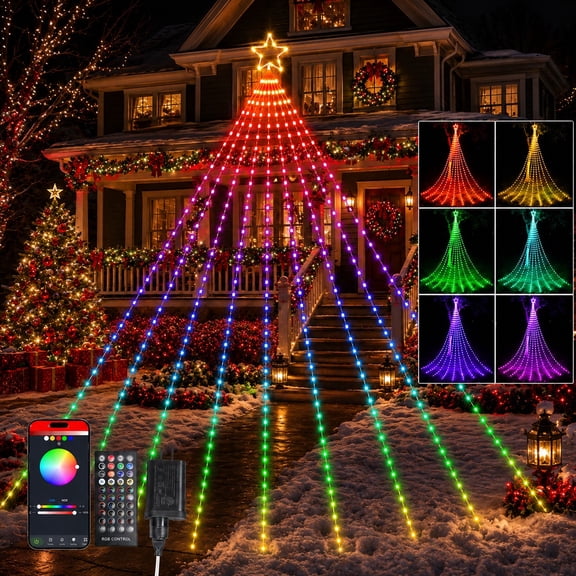 14FT Smart Outdoor Christmas Tree Waterfall Lights 540 LEDs RGB with Pole Tree Topper Light APP Control Music Sync Remote & Timer Waterproof Light Show for Holiday Yard Decoration