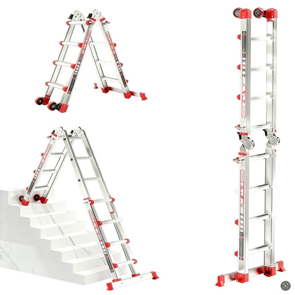 Fakiya 14FT Telescoping A-Frame Ladder with wheels and stabilizer bar, 330 lbs large load capacity, multi-purpose folding ladder for stairs, house and outdoor use