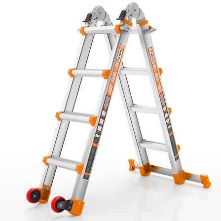 14FT Telescoping A-Frame Ladder with Wheels & Stabilizer Bar, 330lb Capacity Multi-Position Folding Ladder for Stairs, Roof, Home & Outdoor Use