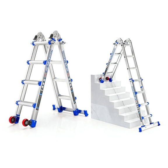 14FT Telescoping A-Frame Ladder with Wheels & Stabilizer Bar. 330lb Heavy Duty, Multi-Position Folding Ladder for Stairs, Roof, Home & Outdoor.