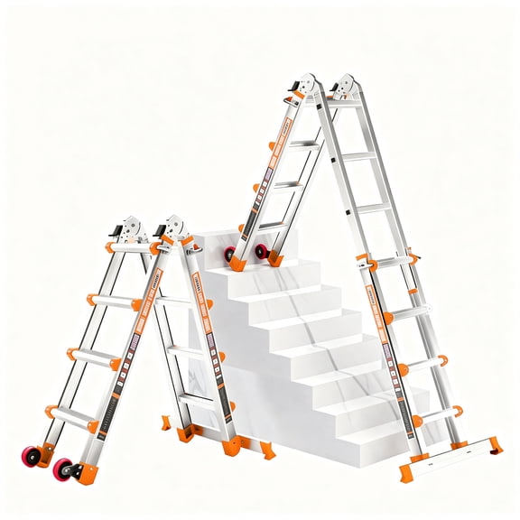 14FT Telescoping A-Frame Ladder with Wheels & Stabilizer Bar. 330lb Heavy Duty, Multi-Position Folding Ladder for Stairs, Roof, Home & Outdoor.