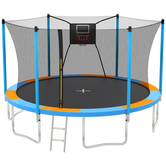 14FT Trampoline for Adults Kids, SEGMART Upgraded Kids Outdoor Trampoline with Basketball Hoop, Safety Enclosure Net, Heavy Duty Recreational Round Trampoline for Indoor Outdoor Backyard, Blue