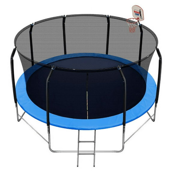 14FT Trampoline with Balance Bar & Basketball Hoop, 1.4MM Thickened Recreational Trampoline for Adults & Kids, Reinforced Type Outdoor Trampoline with Enclosure Net & Ladder