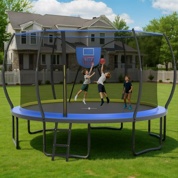 14FT Trampoline with Enclosure for Kids Adults, SEGMART Outdoor Pumpkin Round Recreational Trampoline with No-Gap Design, Heavy Duty Backyard Trampoline with Basketball Hoop for Indoor Outdoor