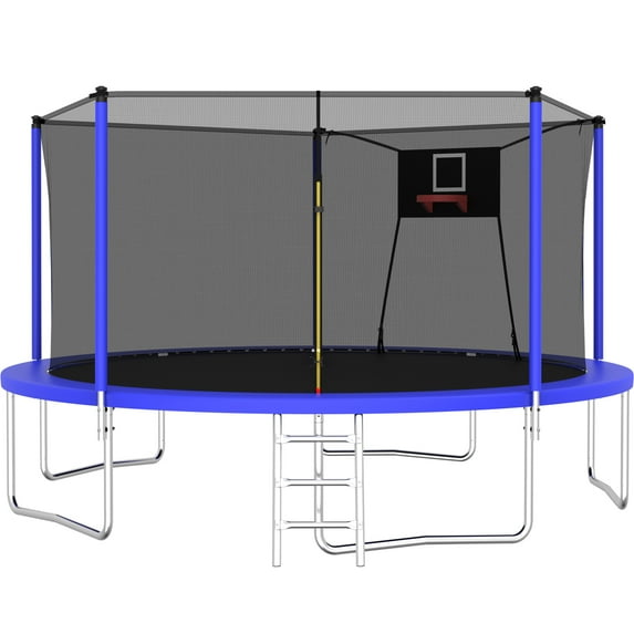 14FT Trampoline with Enclosure for Kids and Adults, SEGMART Upgraded Kids Recreational Outdoor Trampoline with Basketball Hoop, Ladder, Heavy Duty Round Backyard Trampoline for Indoor Outdoor