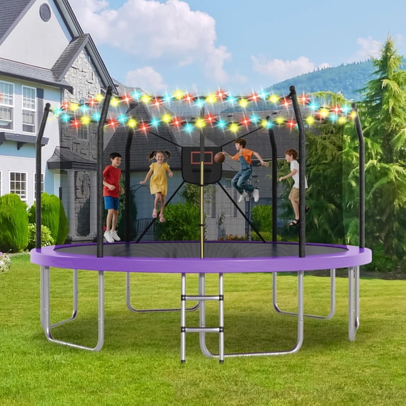 14FT Trampoline with Enclosure for Kids and Adults, SEGMART Upgraded Kids Recreational Outdoor Trampoline with Basketball Hoop, Heavy Duty Round Backyard Trampoline with Lights for Indoor Outdoor