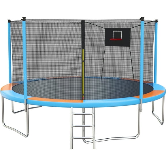 14FT Trampoline with Enclosure for Kids and Adults, SEGMART Upgraded Kids Recreational Outdoor Trampoline with Basketball Hoop, Ladder, Heavy Duty Round Backyard Trampoline for Indoor Outdoor