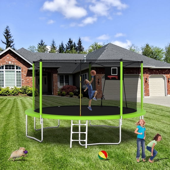 14FT Trampoline with Enclosure for Kids and Adults, SEGMART Upgraded Kids Recreational Outdoor Trampoline with Basketball Hoop, Ladder, Heavy Duty Round Backyard Trampoline for Indoor Outdoor