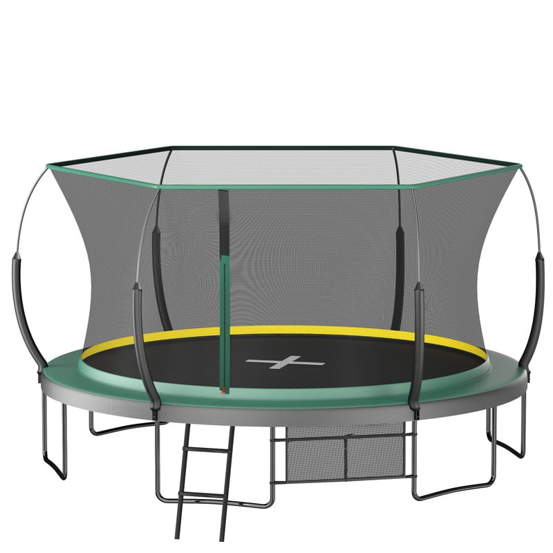 14FT Trampoline for Kids & Adults, Outdoor Recreational Trampoline with Enclosed Safety Net, Ladder & Shoe Bag, Bungee Spring Trampoline for Backyard, Heavy-Duty Galvanized Steel Frame Green