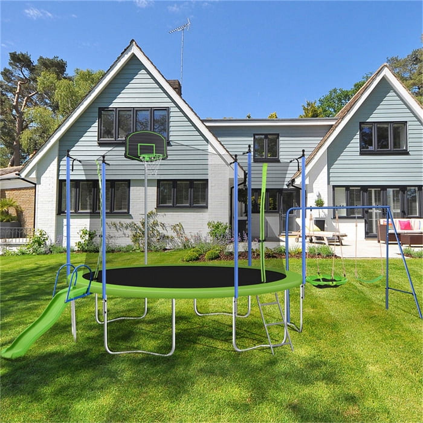 14FT Trampoline for Kids & Adults, Recreational Trampoline with Slide & Swing & Basketball Hoop & Enclosure Net, Outdoor Round Recreational Trampoline, Heavy Duty Trampoline.