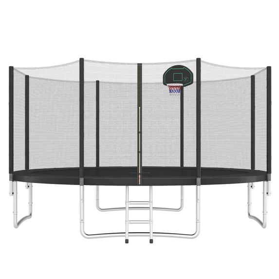 14FT Trampoline for Kids with Safety Enclosure Net, Basketball Hoop and Ladder, Easy Assembly Round Outdoor Recreational Trampoline for Over 3 years old Children, Black