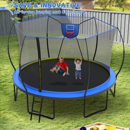 14FT Trampoline for Kids, Seizeen Upgraded Curved Trampoline w/Enclosure Net, 1500 LBS Round Trampoline for Aldult, Fabric Hoop, Seamless Jumping Mat, Ladder