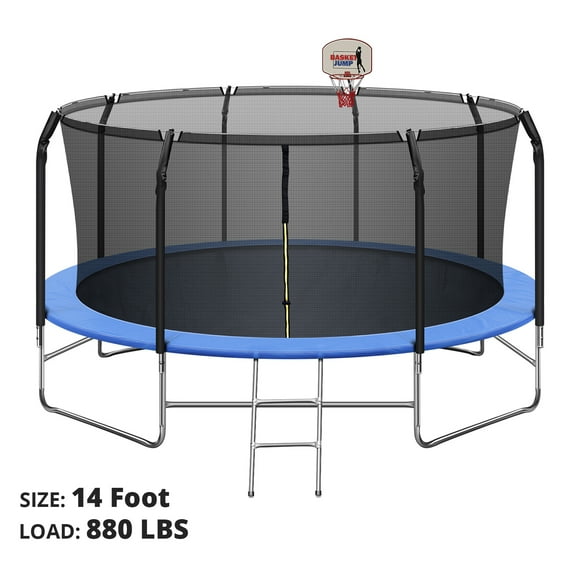 14FT Trampoline for Kids, Trampoline with Basketball Hoop&Safety Enclosure Net, 880LBS Capacity 4 Kids, Waterproof Mat and Ladder, Outdoor Backyard Trampoline