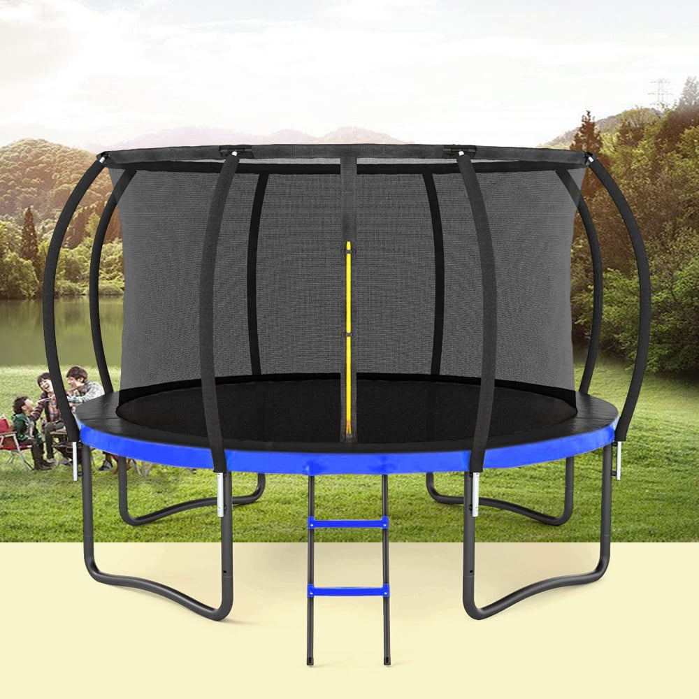 14FT Trampoline Round Outdoor Big Trampoline with Inner Safety Enclosure Net Thickened Recreational Trampoline with Ladder and PVC Spring Cover