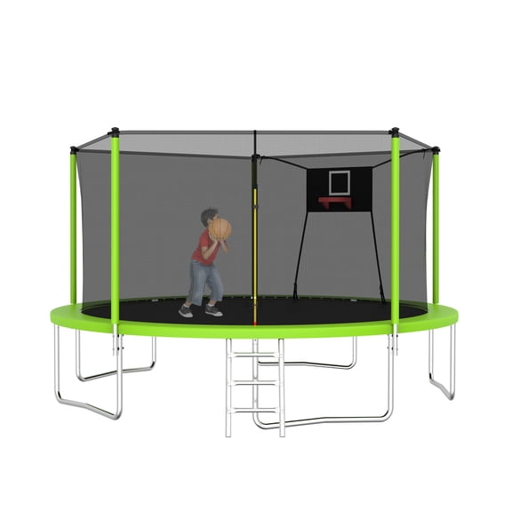 14FT Trampoline with Safety Enclosure Net & Ladder – Heavy-Duty Galvanized Steel Frame, UV-Resistant Jump Mat, 5 W-Shaped Legs for Stability – Outdoor Trampoline for Kids & Adults
