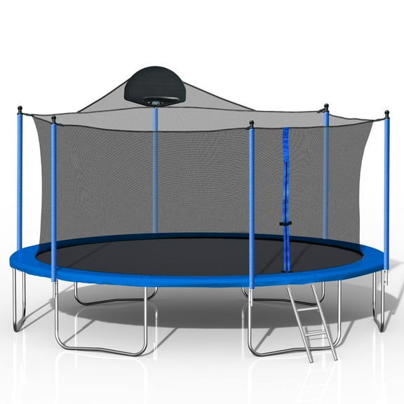 14FT Trampoline with Safety Enclosure Net, Outdoor Trampoline with Basketball Hoop and Non-Slip Ladder, Heavy Duty Jumping Mat and Spring Cover Padding for Kids and Adults, Blue