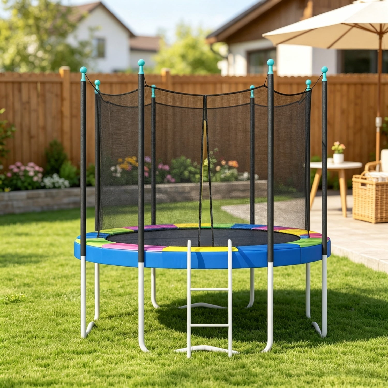 14FT Trampoline Safety Pad, Spring Cover Replacement, No Pole Holes, All Weather, for Family Trampoline Daily Maintenance, Multi-Color (Only Trampoline Replacement Mat)